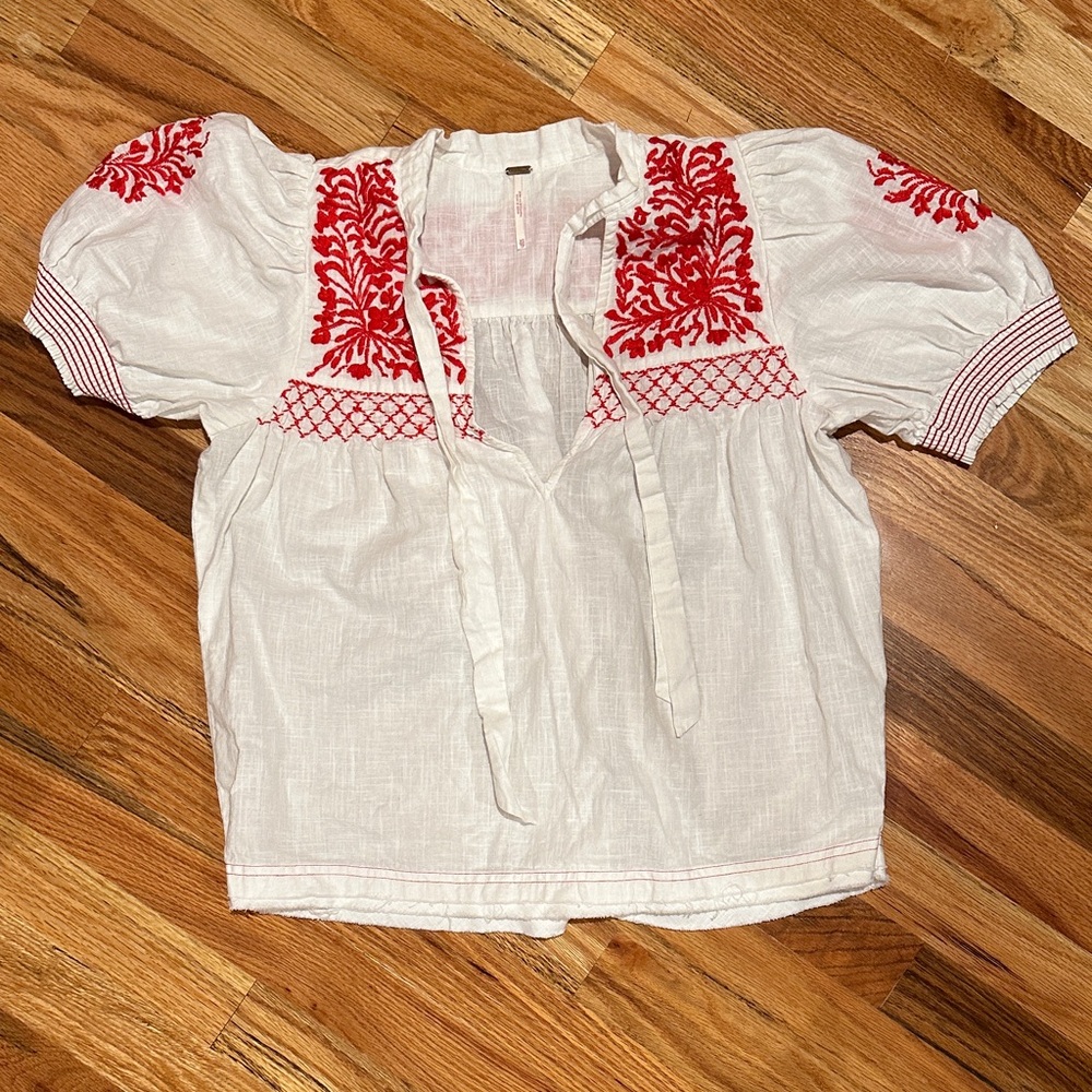 Free People White Blouse with Red Embroidery XS